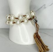 Chico's Faux Pearl Beaded Double Strand Adjustable Tassel Bracelet