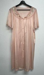 Vintage Sears Nylon Robe House Coat Peignor Embroidered Lace Peach L 38 40