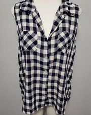 Just Living Blue Cream buffalo check sleeveless flannel button down size large