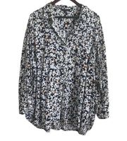 Velvet Heart Top Women Plus 3X Navy White Collar Floral Heart Button Up Rayon