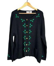 Blair Boutique 3XL Black Sweater Cardigan Button Front Holly Leaves Holiday