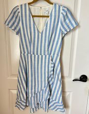 Blue/White Striped V-Neck Faux-Wrap Ruffle Cotton Dress - Size 0