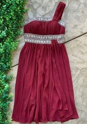 May Queen Couture Beaded Sequined Ruched One Shoulder Dress Maroon Silver Size 4