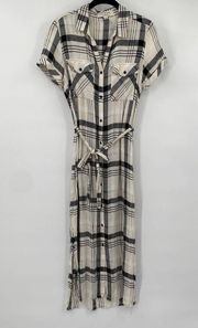 Anthropologie Cloth & Stone Midi Shirt Dress Plaid Button Front Ivory Black XS