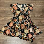 Xhiliration Faux Wrap Short Sleeve Floral MIDI Knee Length Dress Black Tan Large