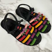 NEW  Black Beaded Rainbow Tube Strap Boho Beaded Tassel Sandals Size 11