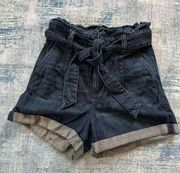 EXPRESS  Super High Rise Dark Wash Belted Shortie Cuffed Denim Shorts Size 2