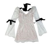 For Love and Lemons - Araceli Crochet Mini Dress with Black Velvet Ties in White