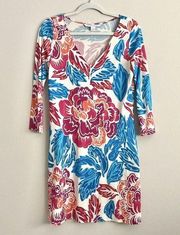 Diane von Furstenberg Kaden Floral Shift Dress Size 8 Silk V Neck 3/4 Sleeve DVF