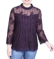 NEW NY Collection 3/4 Sheer Sleeves Purple Lace Eyelash Fringe Blouse Size XL