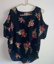 Navy with Floral Print Cold Shoulder Blouse Size Small