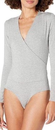 J CREW MERCANTILE HEATHER GRAY CROSSOVER FAUX WRAP BODYSUIT M