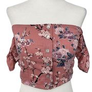 New  Floral Flutter Sleeve Off The Shoulder Smocked Crop Top Pink