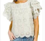 7 for all mankind sage light green flutter ruffle boxy cotton eyelet floral top