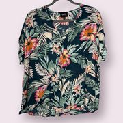 W5 Navy Blue Tropical Print Surplice Blouse