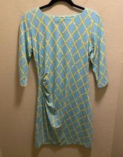 J. McLaughlin Blue Catalina Cloth Bamboo Print Ruched 3/4 Sleeve Dress Size S