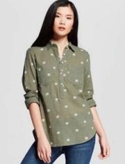 Merona Long Sleeve Button Front Blouse w/ Elephant Print Olive Medium