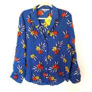 NWT Roller Rabbit Blue Kori Floral Nyana Tropical Rolled Up Sleeve Shirt Sz S