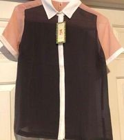 NWT- grey, white, and peach rayon blouse