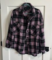 Timing size Medium purple black grey white plaid flannel. Button up High low EUC