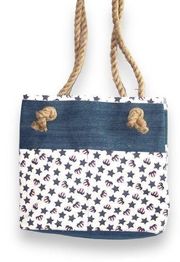 Starry Red White Blue Denim Open Top Tote with Rope Handles Hand Crafted NWT