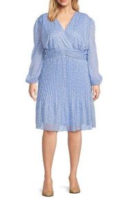 Alex Marie Blue Chiffon Dress Polka Dot Long Sleeve Pleated Skirt Mia Sz 20W New