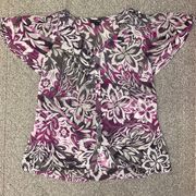 East 5th Purple Floral Abstract Sheer Lightweight Short Sleeve Button Up Top