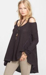 Free People  Moonshine V-neck Thermal Knit Oversized Sweater Charcoal Grey Small