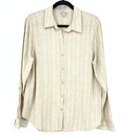 Orvis Top Women's Sz M Striped Long Sleeve Roll Tab Button Up Tan Linen Blend