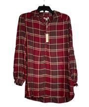 Max Studio Womens Flannel Shirt Size Small 3/4 Button Roll Up Sleeve Red Plaid