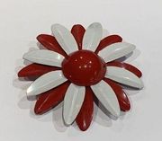 Vintage Red / White Enamel Painted Metal Costume Brooch