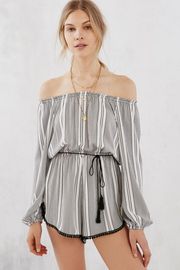 Off The Shoulder Black & White Striped Romper