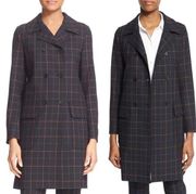 Theory Abla tile check plaid double breasted wool blend long trench coat size XS