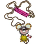 NWT Betsey Johnson Smiling Mouse Rhinestone Gold Tone Necklace with 28" Chain