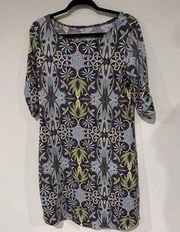 SOYBU Women Dress Sz L PurpleMulticolor Shift Roll Tab Sleeves Athleisure EUC