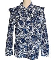 Charter Club  X-Small Top Floral Long Sleeve Button-Up Ruffled Collar Blue White