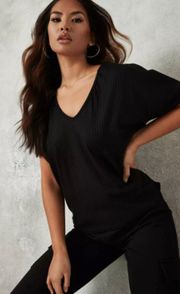 Black Rib V Neck Oversized Boyfriend T Shirt