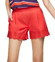 New  Eyelet Scalloped Hem Elastic Waist Shorts Red Orange