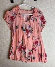 St. Johns Bay Peach Floral Short Sleeve Shirt Size Medium