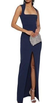 Solace London Sofia Stretch Crepe Front Slit Navy Maxi Dress Gown US 0