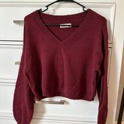 Burgundy Cropped V Neck Sweater