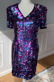 NWT Vintage Multi Color Sequin Paillette Dress V Neck Short Sleeve Leslie Fay