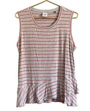 Cabi Tank Top Women's L Grey Orange Striped Ruffle Lightweight