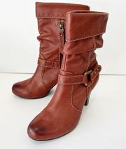 FOSSIL Leather Harness Chunky Heel Mid Calf Brown Cognac Boots US 9