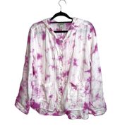 100% Linen White & Purple Tie-dye Hooded Button Down Top