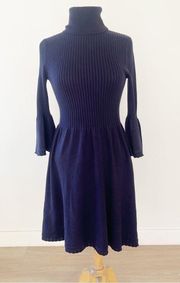 Eliza J Knit Ribbed Turtleneck Ruffle Bell Sleeve Sweater Dress Navy | Small