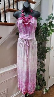 Ash & Sara Women Pink & White Floral Viscose Off the Shoulder Long Maxi Dress S