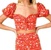 Skylar + Madison Floral Puff Sleeve Sweetheart Crop Top Red Size Small NWT