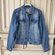 Women’s Long Sleeve Medium Blue Distressed Button Front Denim Jean Jacket  Sz M