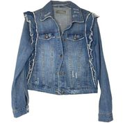 NWOT Bagatelle Blue Jean Denim Jacket Ruffles Distressed women sz M